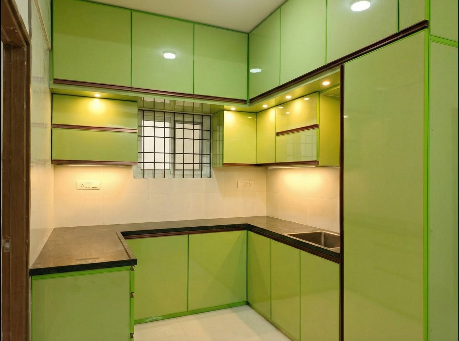 Modern green aluminium modular kitchen in Bangalore